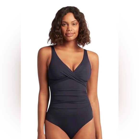 NWOT Women’s Sea Level Eco Essentials Cross Front One Piece Navy Swimsuit - Sz 8 - Picture 1 of 8